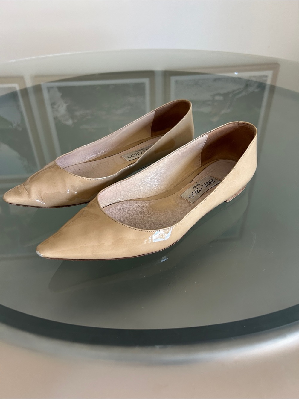 Jimmy Choo Beige Patent Leather Pointed Flats